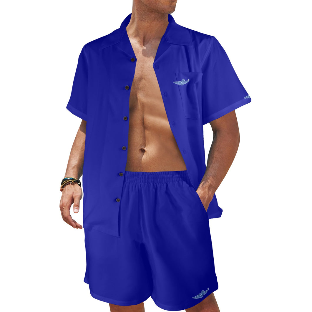 Cobalt Blue-solid Men's Shirt and Shorts Outfit with Pocket