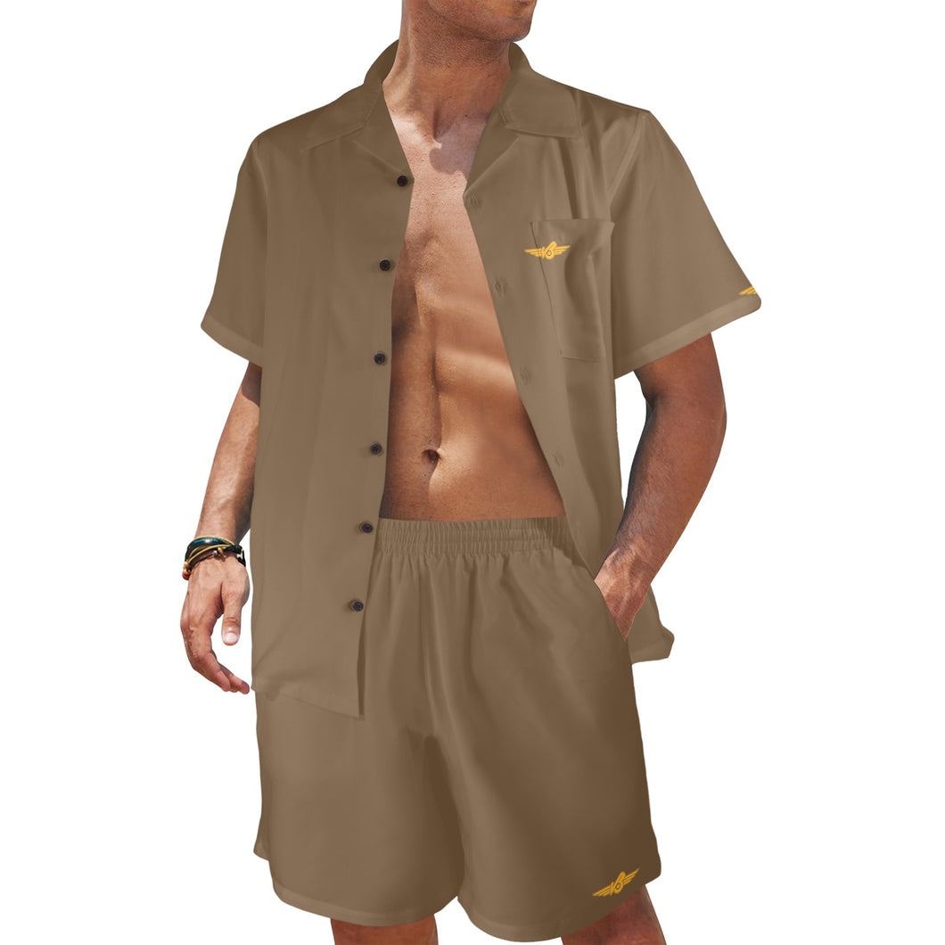 Coffee-Solid Men's Shirt and Shorts Outfit with Pocket