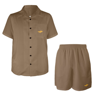 Coffee-Solid Men's Shirt and Shorts Outfit with Pocket