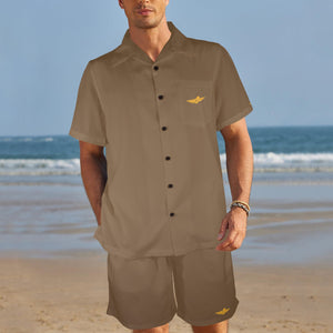 Coffee-Solid Men's Shirt and Shorts Outfit with Pocket