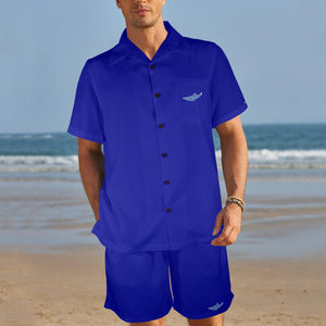 Cobalt Blue-solid Men's Shirt and Shorts Outfit with Pocket